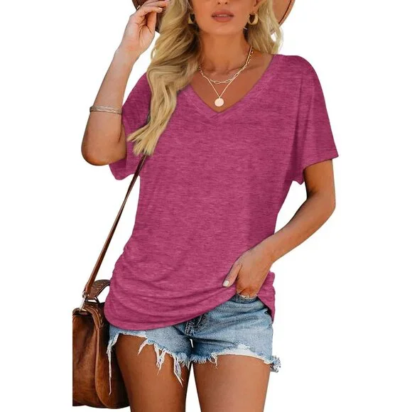 Women's Fuchsia Summer T-shirts Short Sleeve Fit Shirts Spring Fashion - Picture 2 of 4